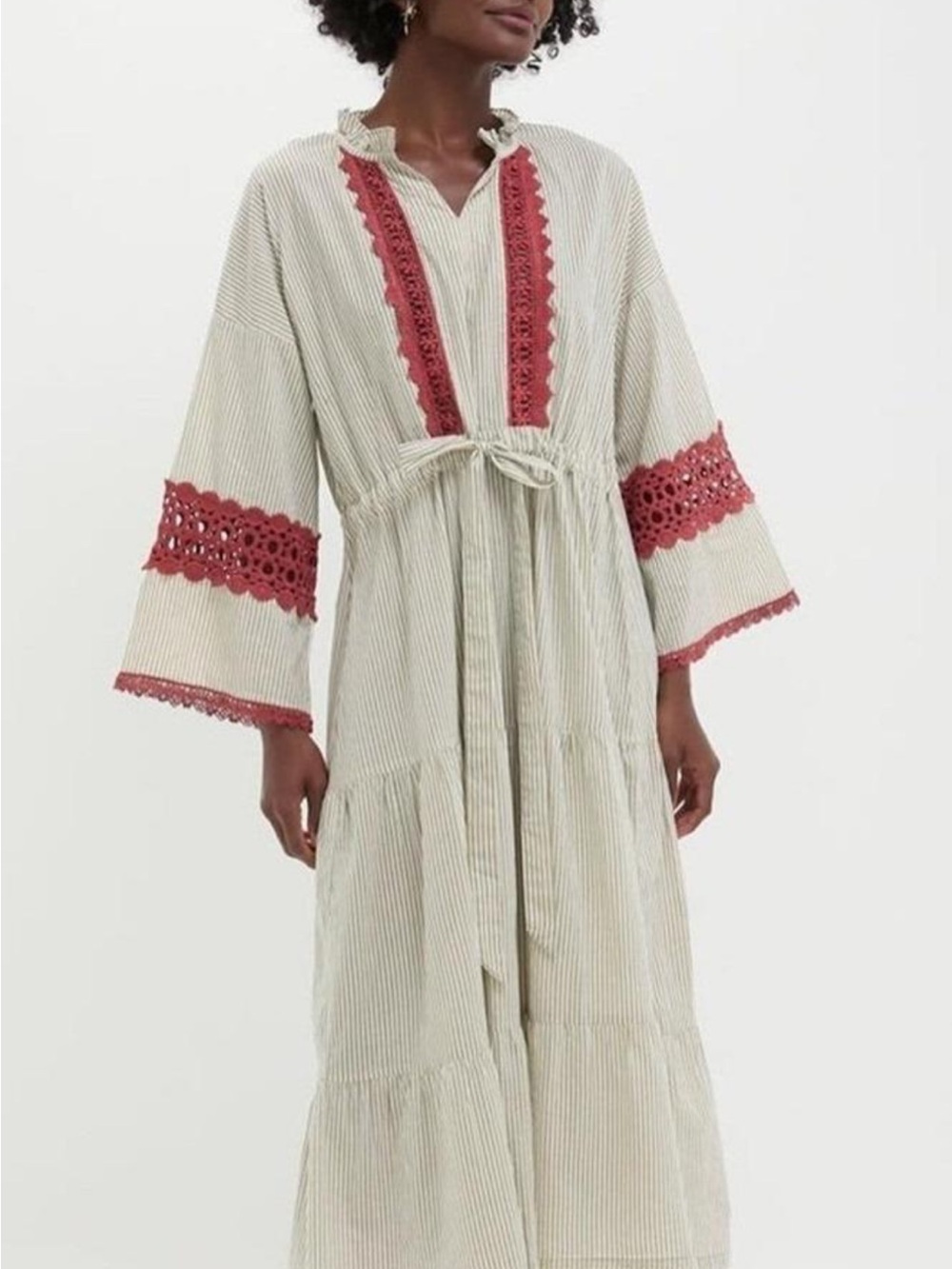 Tuckernuck Cream Striped Maxi Robe with Rust Crochet Trim